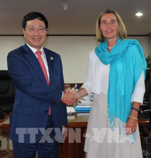 Phó Thủ tướng, Bộ trưởng Ngoại giao Phạm Bình Minh gặp bà Federica Mogherini, Đại diện cấp cao về chính sách đối ngoại và An ninh EU. Ảnh: TTXVN