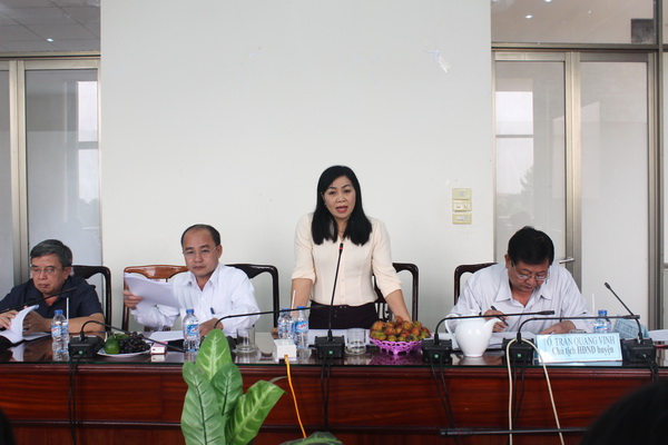 Phó chủ tịch thường trực HĐND huyện Thống Nhất Vũ Thị Yến báo cáo tại buổi giám sát.