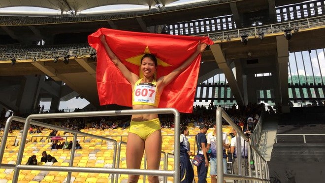 Vận động viên Bùi Thị Thu Thảo giành huy chương vàng ở nội dung nhảy xa tại SEA Games 29. (Nguồn: Thể thao và Văn hóa)