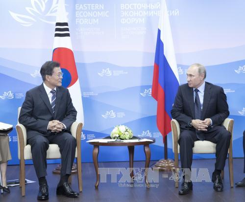 Tổng thống Nga Vladimir Putin (phải) và Tổng thống Hàn Quốc Moon Jae-in tại cuộc gặp ở Vladivostok ngày 6/9. Ảnh: Yonhap/TTXVN