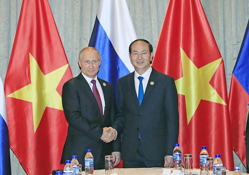 Trong khuôn khổ Tuần lễ cấp cao APEC 2017, tối 10-11, tại Đà Nẵng, Chủ tịch nước Trần Đại Quang gặp song phương Tổng thống Nga Vladimir Putin.