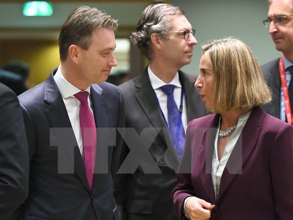 Ngoại trưởng Hà Lan Halbe Zijlstra (trái) và Đại diện cấp cao về chính sách đối ngoại của EU Federica Mogherini (phải) tại cuộc họp ở Brussels ngày 13/11. (Nguồn: AFP/TTXVN)