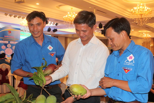 Thành viên Tổ hợp tác thanh niên phát triển cây trồng chủ lực xã Phú Lý (huyện Vĩnh Cửu) giới thiệu sản phẩm xoài của tổ hợp tác.
