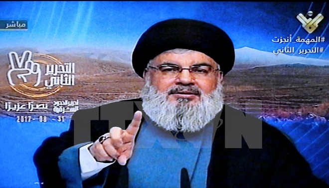 Thủ lĩnh phong trào Hồi giáo vũ trang Hezbollah Sayyed Hassan Nasrallah phát biểu tại một địa điểm bí mật ở Liban. (Nguồn: EPA/TTXVN)