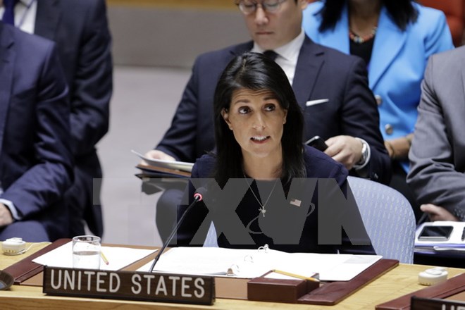 Đại sứ Mỹ Nikki Haley (phía trước) tại phiên họp của Hội đồng Bảo an Liên hợp quốc ở New York, Mỹ. (Nguồn: THX/TTXVN)