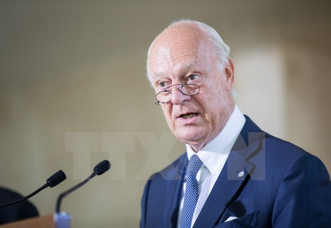 Đặc phái viên Liên hợp quốc về Syria Staffan de Mistura trong cuộc họp báo tại Geneva, Thụy Sĩ. (Nguồn: THX/TTXVN)