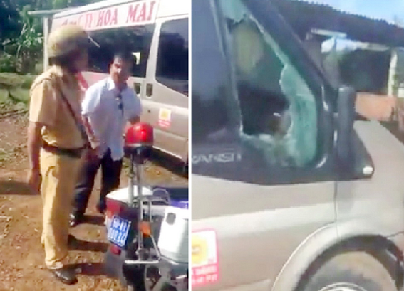 Tài xế xe khách tranh cãi với cảnh sát giao thông (ảnh trái) và phần kính bên hông xe khách bị vỡ (ảnh cắt từ clip).