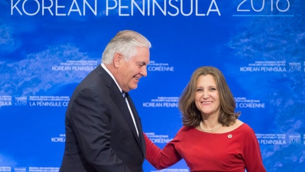 Ngoại trưởng nước chủ nhà Canada Chrystia Freeland (phải) và Ngoại trưởng Mỹ Rex Tillerson tại hội nghị. (Nguồn: CBC)