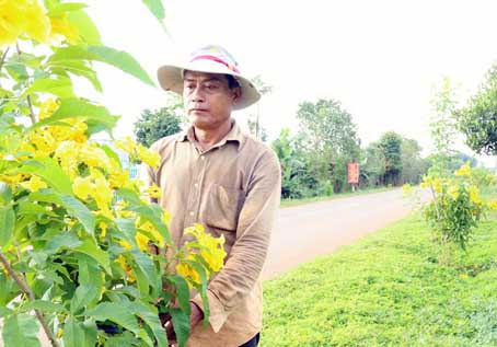 Ông Trần Thái Hùng, Trưởng ấp 6 (xã Lâm San, huyện Cẩm Mỹ), chăm sóc cây trồng tạo cảnh quan ven đường của ấp.