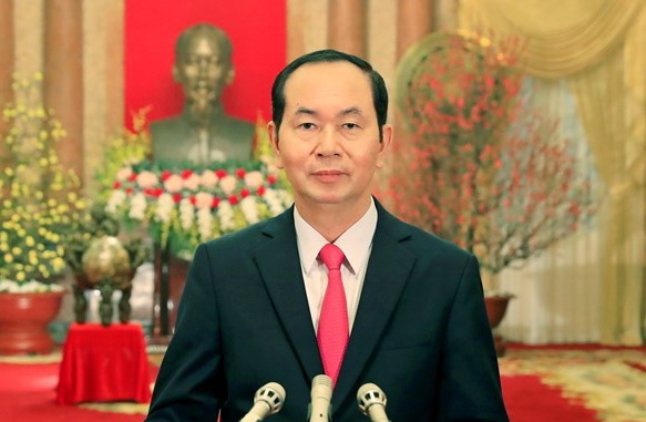 Chủ tịch nước Trần Đại Quang chúc Tết đồng bào, chiến sĩ cả nước và kiều bào Việt Nam ở nước ngoài. (Ảnh: Nhan Sáng/TTXVN)