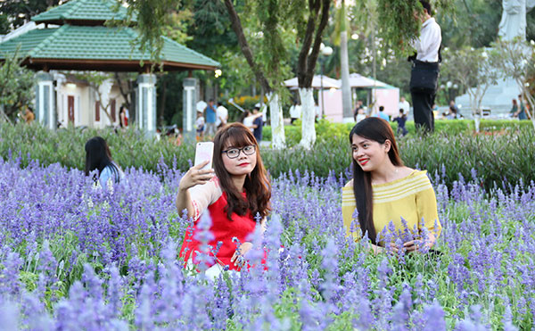 Người dân chụp ảnh tại cánh đồng hoa tại của Hội hoa xuân Trấn Biên mùng 5 tết.
