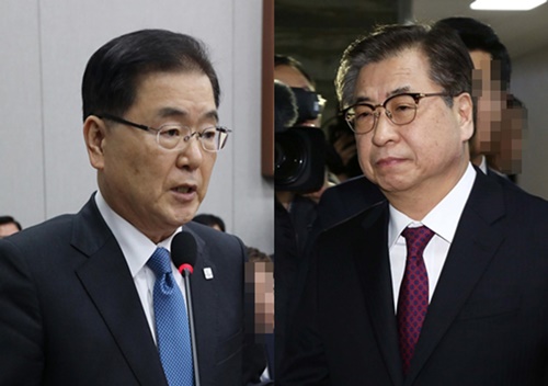 Giám đốc Văn phòng An ninh Quốc gia (NSO) Chung Eui-yong (trái) và Giám đốc Cơ quan Tình báo Quốc gia (NIS) Suh Hoon. Ảnh: Korea Times.