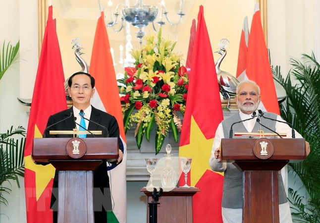 Ngày 3/3/2018, tại Thủ đô New Dehl, Chủ tịch nước Trần Đại Quang và Thủ tướng Cộng hoà Ấn Độ Narendra Modi họp báo sau khi kết thúc hội đàm. (Ảnh: Nhan Sáng/TTXVN)