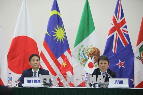 Bộ trưởng Bộ Công Thương Trần Tuấn Anh (bên trái) và Bộ trưởng Tái thiết kinh tế Nhật Bản Toshimitsu Motegi chủ trì cuộc Họp báo sau khi kết thúc hội nghị Bộ trưởng Kinh tế của 11 nước tham gia đàm phán Hiệp định Thương mại tự do Đối tác xuyên Thái Bình Dương (TPP) (không có Mỹ), ngày 1/11/2017, tại Đà Nẵng. Ảnh: TTXVN