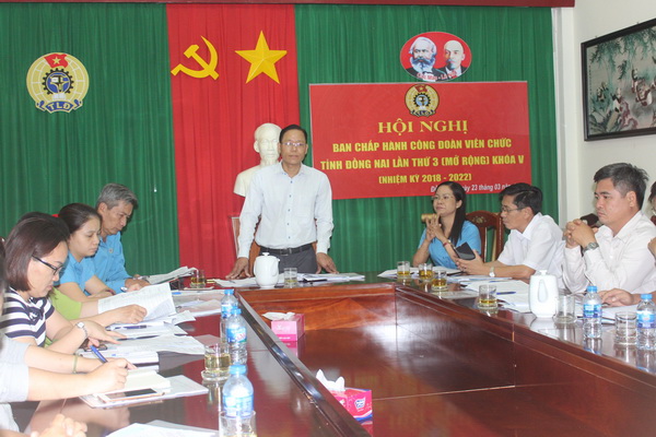 Chủ tịch Công đoàn Viên chức tỉnh Phạm Văn Chiến phát biểu tại hội nghị.