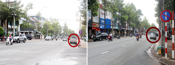 Tương tự, ô tô được khoanh tròn cũng đậu không đúng quy định khi đậu ở khu vực cấm đậu vào ngày lẻ trong ngày 7-5-2018 trên đường Võ Thị Sáu, TP.Biên Hòa.