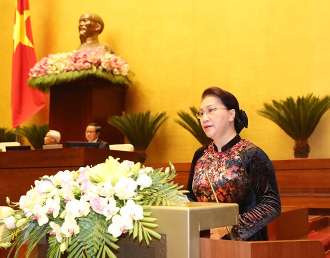 Chủ tịch Quốc hội Nguyễn Thị Kim Ngân phát biểu khai mạc Kỳ họp thứ năm, Quốc hội khóa XIV. (Ảnh: Trọng Đức/TTXVN)