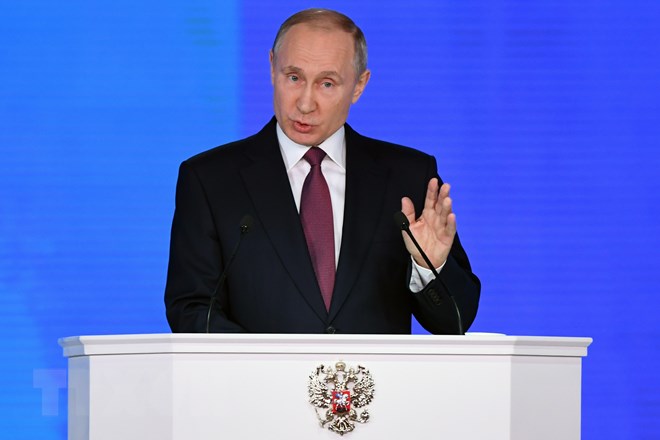 Tổng thống Nga Vladimir Putin phát biểu tại một sự kiện ở thủ đô Moskva. (Nguồn: AFP/TTXVN)