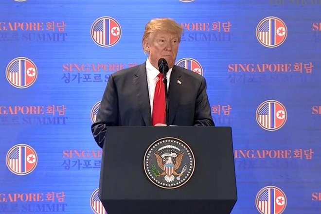 Tổng thống Mỹ Donald Trump chủ trì họp báo về kết quả Thượng đỉnh Mỹ-Triều. (Nguồn: straitstimes.com)