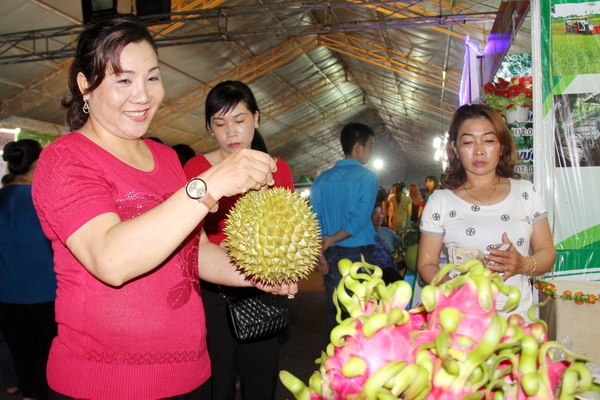 Người dân lựa mua trái cây tươi ngon tại các gian trưng bày của lễ hội trái cây Long Khánh năm 2018.