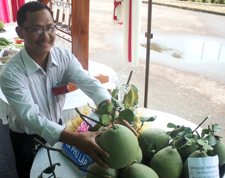 Ông Nguyễn Văn Phong giới thiệu những trái cây của vườn nhà cho thu nhập cao tại đại hội Hội Nông dân huyện Tân Phú.