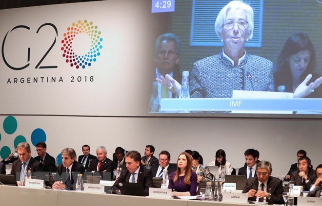 Tổng Giám đốc IMF Christine Lagarde phát biểu tại hội nghị Bộ trưởng Tài chính và Thống đốc Ngân hàng G20 ở Buenos Aires, Argentina ngày 21/7. (Ảnh: EPA-EFE/TTXVN)