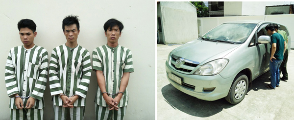 Từ trái qua: Các đối tượng Nguyễn Văn Quyết, Quách Quốc Vương, Quách Long Phú bị Công an huyện Trảng Bom bắt giữ và chiếc xe ô tô là tang vật của vụ án.