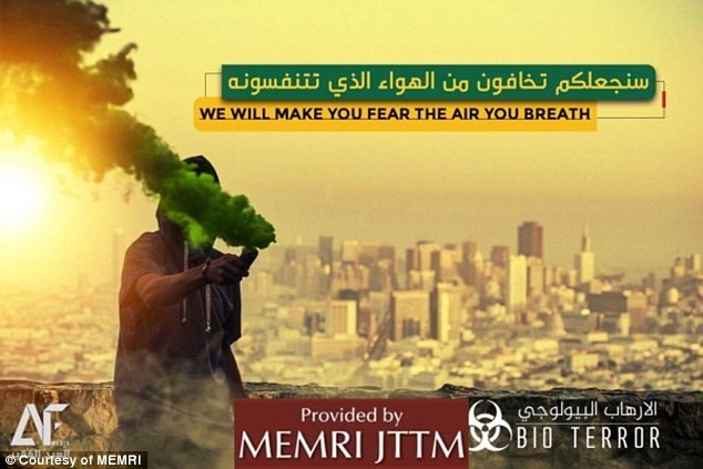 Một poster tuyên truyền của IS mô tả đường chân trời San Francisco, Mỹ, và hứa hẹn các cuộc tấn công sinh học(Nguồn: dailymail.co.uk)