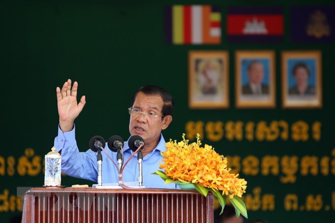 Thủ tướng Campuchia Hun Sen phát biểu trong một sự kiện tại Kandal ngày 5-7. (Ảnh: THX/TTXVN)