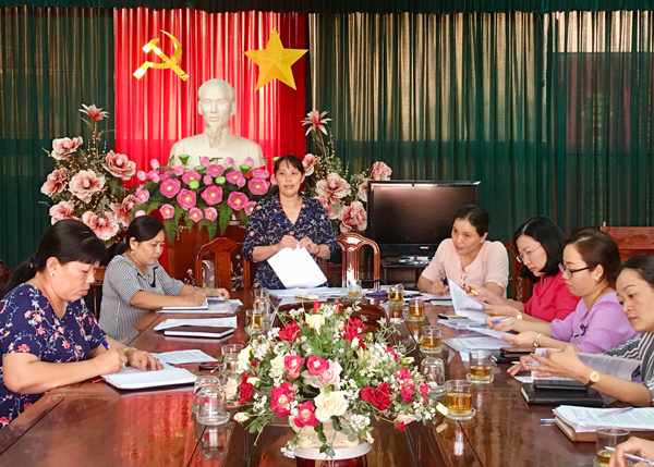 Bà Lê Thị Thái, Phó chủ tịch thường trực Hội Liên hiệp phụ nữ tỉnh phát biểu tại buổi giám sát tại huyện Nhơn Trạch (Ảnh: Nga Sơn)