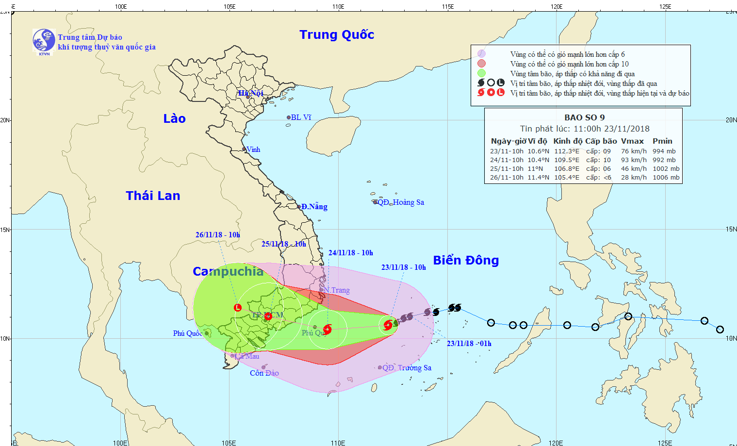 Dự báo hướng di chuyển của bão số 9. Nguồn: Trung tâm dự báo khí tượng thủy văn quốc gia. 