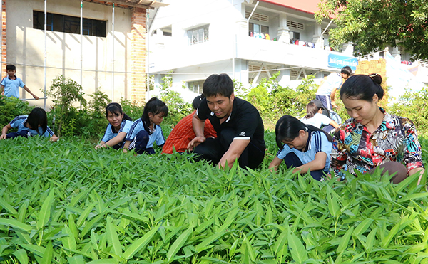 Đoàn viên là giáo viên của Chi đoàn Trường phổ thông dân tộc nội trú liên huyện Tân Phú - Định Quán cùng các em học sinh chăm sóc vườn rau. ảnh: V.Truyên