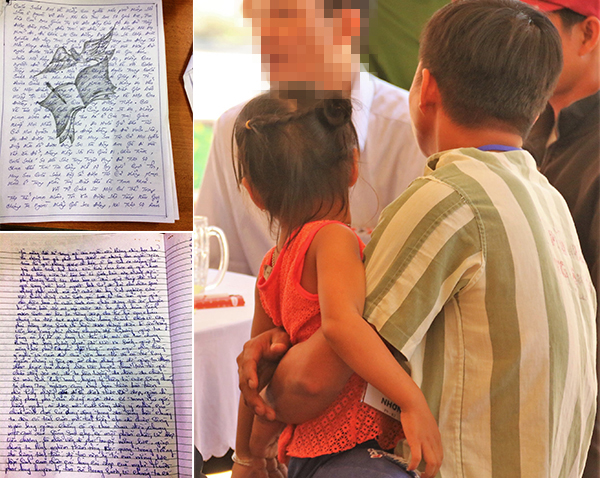 Giây phút một phạm nhân ôm con gái nhỏ vào lòng trong Ngày hội Gia đình phạm nhân được Trại giam Xuân Lộc tổ chức vào ngày 2-11 (ảnh lớn). Một số bài viết đặc biệt của phạm nhân về sách (2 ảnh nhỏ chụp lại bài viết).