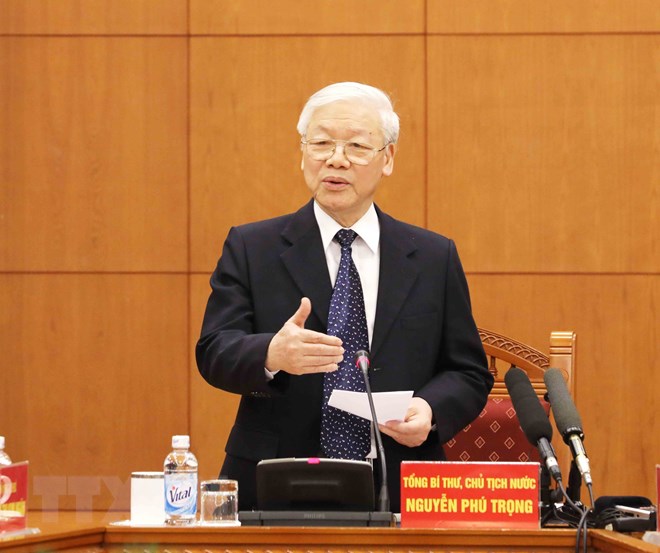 Tổng Bí thư, Chủ tịch nước Nguyễn Phú Trọng, Trưởng Tiểu ban phát biểu kết luận phiên họp. (Ảnh: Phương Hoa/TTXVN)