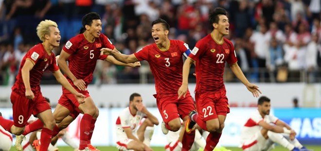 Niềm vui mừng của cầu thủ Việt Nam sau loạt sút luân lưu căng thẳng. (Nguồn: AFC)