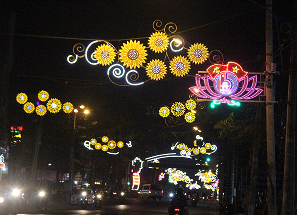 Một góc đường Hà Huy Giáp (TP.Biên Hòa) rực rỡ về đêm nhờ các loại đèn trang trí công cộng