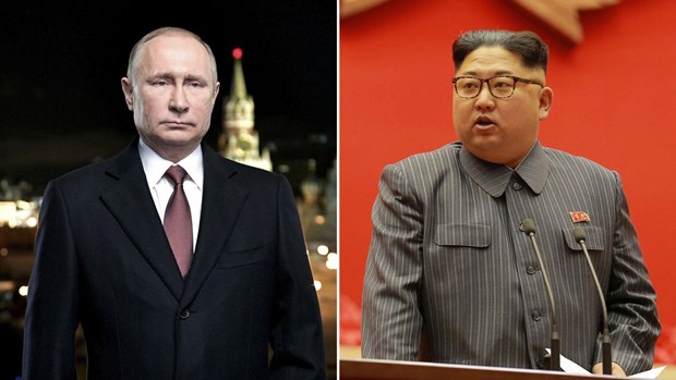 Tổng thống Nga Vladimir Putin và nhà lãnh đạo Triều Tiên Kim Jong-un. (Nguồn: news.sky.com)