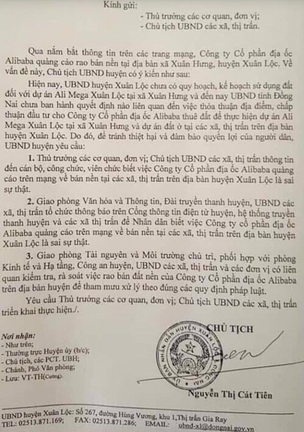 Văn bản của UBND huyện Xuân Lộc gửi thủ trưởng các cơ quan, đơn vị; Chủ tịch UBND các xã, thị trấn về việc Alibaba bán dự án 