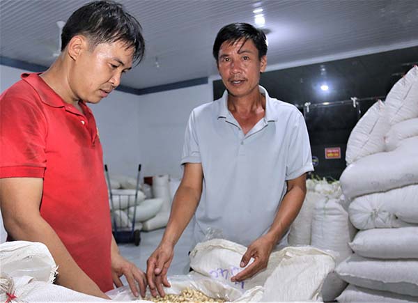 Ông Hồ Xuân Thiện (phải, ngụ ấp 3, xã Sông Ray, huyện Cẩm Mỹ) hướng dẫn công nhân kiểm tra hạt điều thành phẩm tại cơ sở của mình