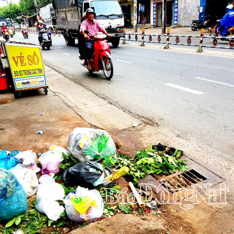 Người dân bỏ rác sinh hoạt ngay tại miệng cống thu nước trên đường Nguyễn Ái Quốc thuộc phường Tân Biên. 