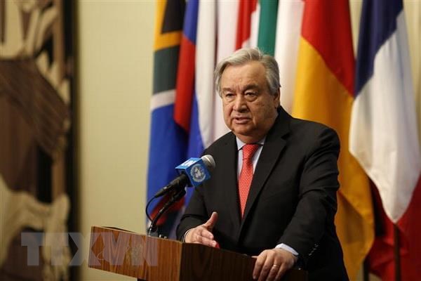 Tổng thư ký Liên hợp quốc Antonio Guterres phát biểu trong cuộc họp báo tại New York, Mỹ. (Nguồn: THX/TTXVN)