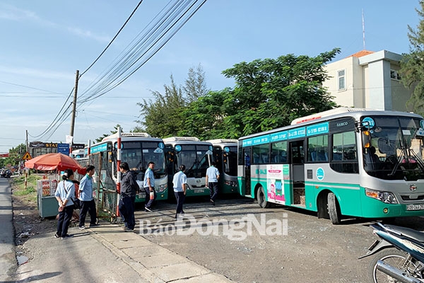 Xe buýt tập trung tại Bến xe Trảng Dài sáng 1-8 để yêu cầu công ty thực hiện các chế độ lao động cho người dân