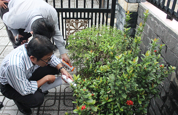 Các thành viên đoàn kiểm tra của Bộ Y tế giám sát côn trùng tại một số hộ dân trên địa bàn huyện Long Thành.