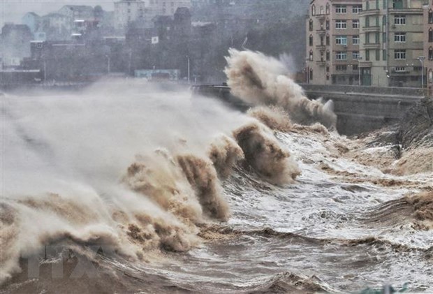 Sóng lớn do ảnh hưởng của bão Lekima ở ven biển thành phố Thái Châu, tỉnh Chiết Giang, Trung Quốc ngày 9-8-2019. (Ảnh: AFP/TTXVN)