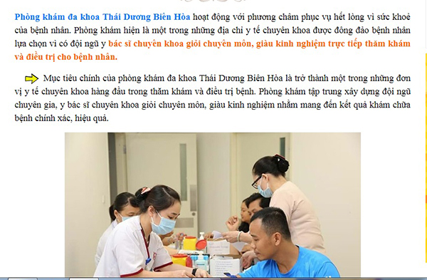 Thông tin giới thiệu trên trang web của phòng khám đa khoa Thái Dương – Biên Hòa.