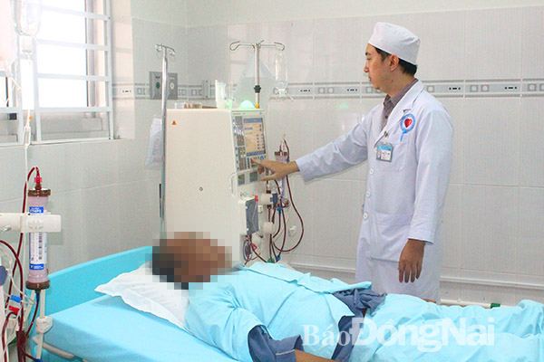 Bác sĩ Trương Trần Chí, Trung tâm y tế huyện Trảng Bom điều chỉnh các thông số để tiến hành lọc máu cho bệnh nhân N.V.T. Ảnh: H.DUNG