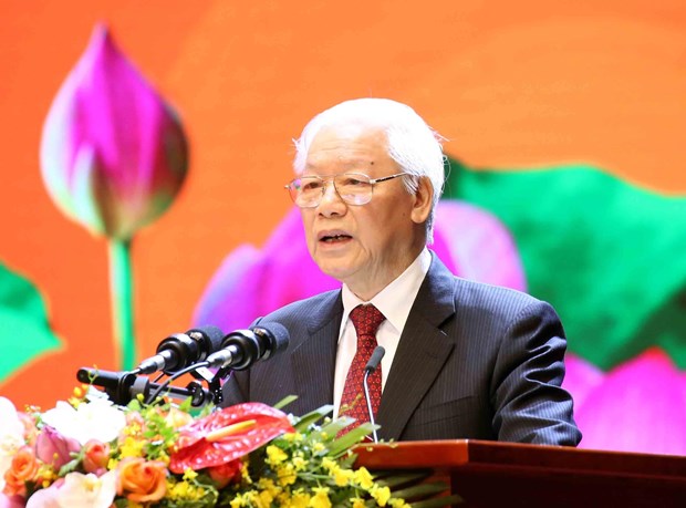  Tổng Bí thư, Chủ tịch nước Nguyễn Phú Trọng đọc diễn văn tại buổi lễ. (Ảnh: Phương Hoa/TTXVN)