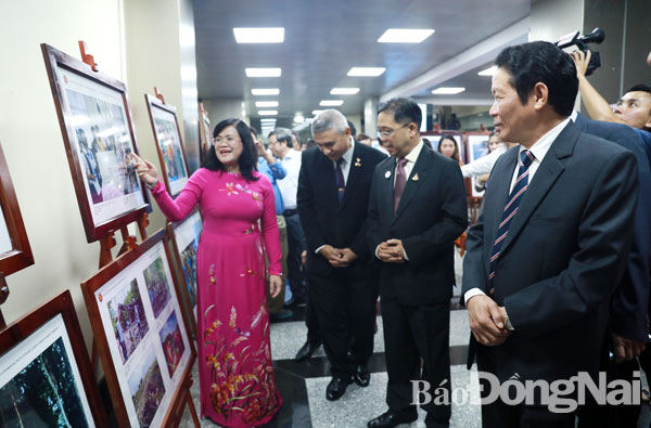 Phó chủ tịch UBND tỉnh Nguyễn Hòa Hiệp (bìa trái) cùng các đại biểu xem triển lãm Ảnh và phim phóng sự - tài liệu trong cộng đồng ASEAN