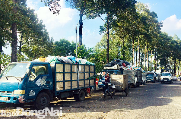 Những dãy xe rác tập kết dài hai bên đường cạnh Công viên Long Bình (TP.Biên Hòa) làm chảy nước rỉ rác ra đường 