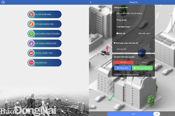 Giao diện ứng dụng “Biên Hòa trực tuyến” giúp người dân trực tiếp phản ảnh các vi phạm trong lĩnh vực trật tự đô thị tại TP.Biên Hòa